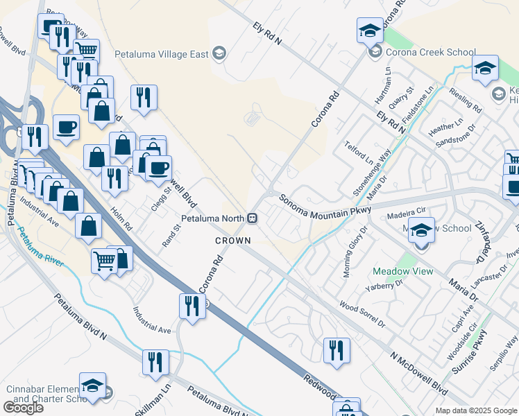 map of restaurants, bars, coffee shops, grocery stores, and more near 360 Corona Road in Petaluma