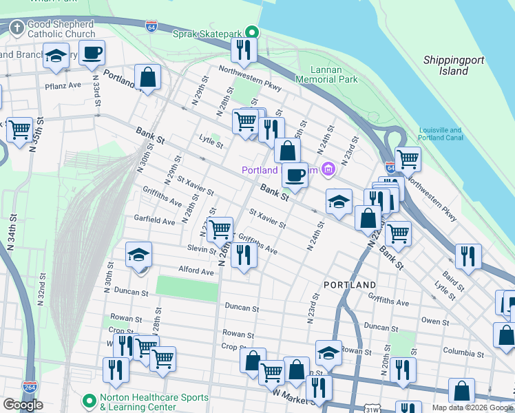 map of restaurants, bars, coffee shops, grocery stores, and more near 2539 Saint Xavier Street in Louisville
