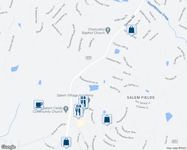 map of restaurants, bars, coffee shops, grocery stores, and more near Wytheville Circle in Fredericksburg