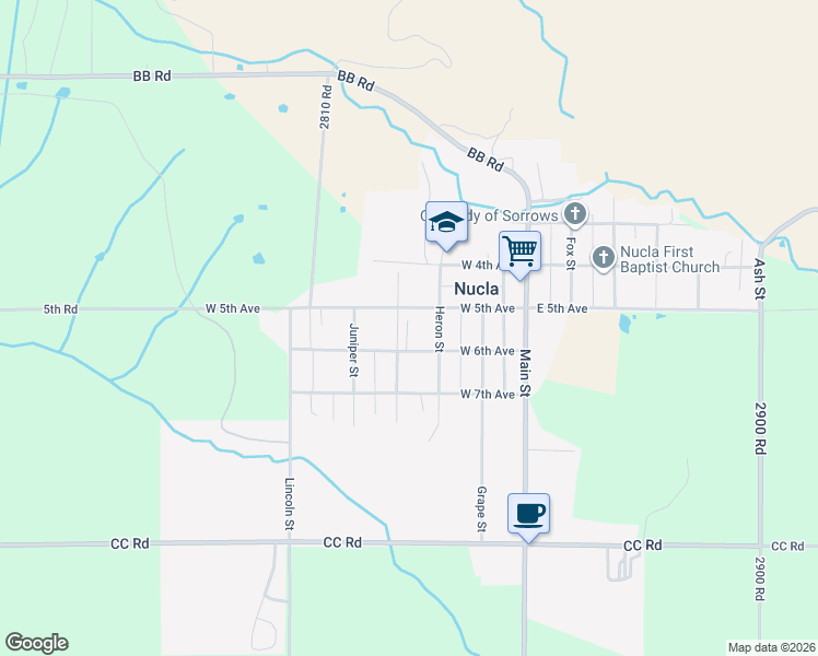 map of restaurants, bars, coffee shops, grocery stores, and more near 375 West 6th Avenue in Nucla