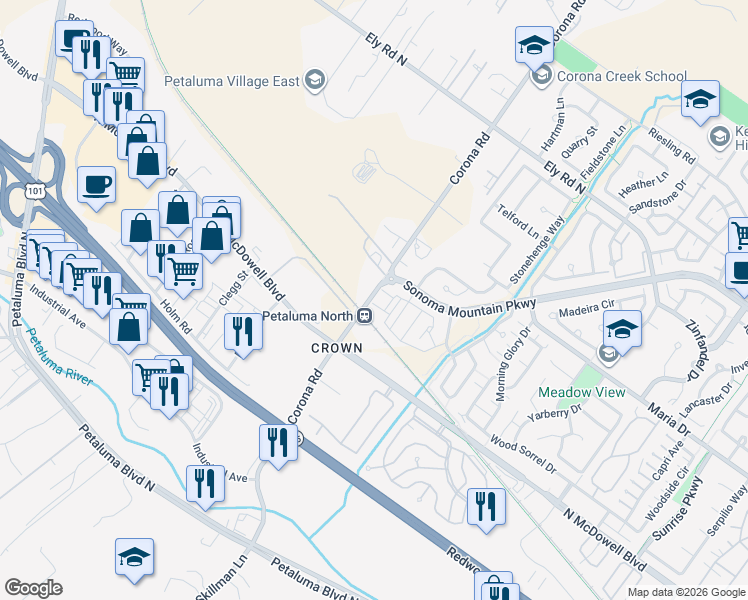 map of restaurants, bars, coffee shops, grocery stores, and more near 360 Corona Road in Petaluma