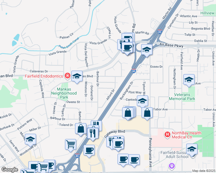 map of restaurants, bars, coffee shops, grocery stores, and more near 2524 Hastings Way in Fairfield