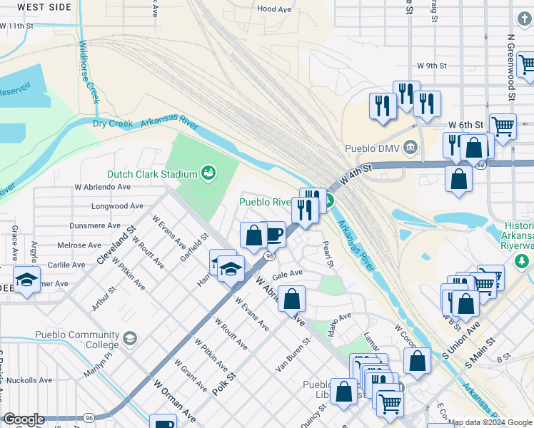 map of restaurants, bars, coffee shops, grocery stores, and more near 737 West Corona Avenue in Pueblo