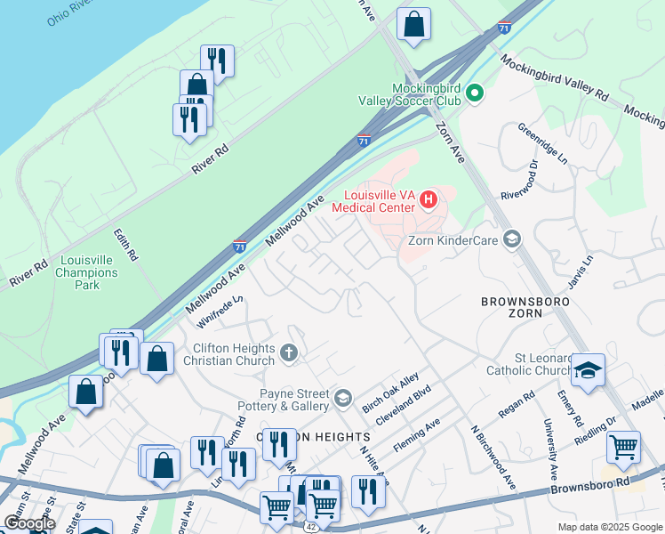 map of restaurants, bars, coffee shops, grocery stores, and more near 514 Highwood Drive in Louisville
