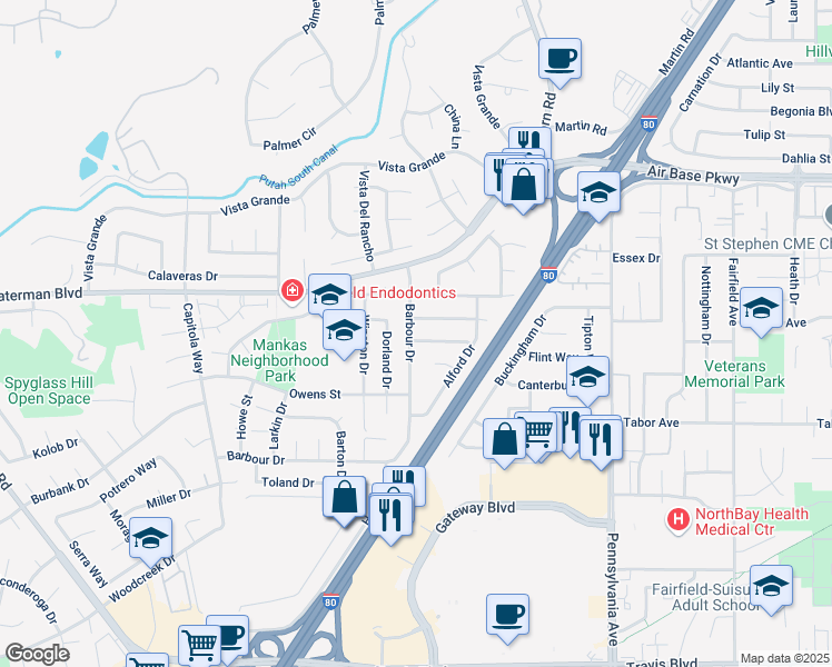 map of restaurants, bars, coffee shops, grocery stores, and more near 2033 Barbour Drive in Fairfield