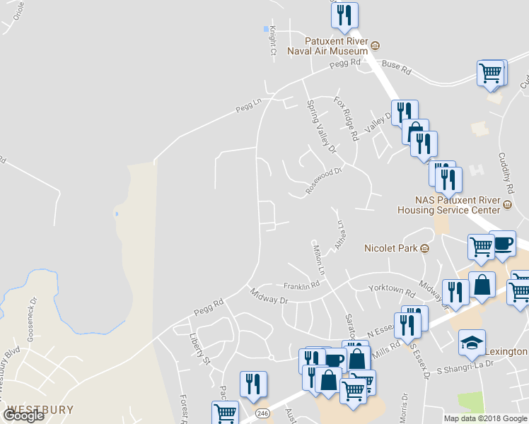 map of restaurants, bars, coffee shops, grocery stores, and more near 21837 Ronald Drive in Lexington Park