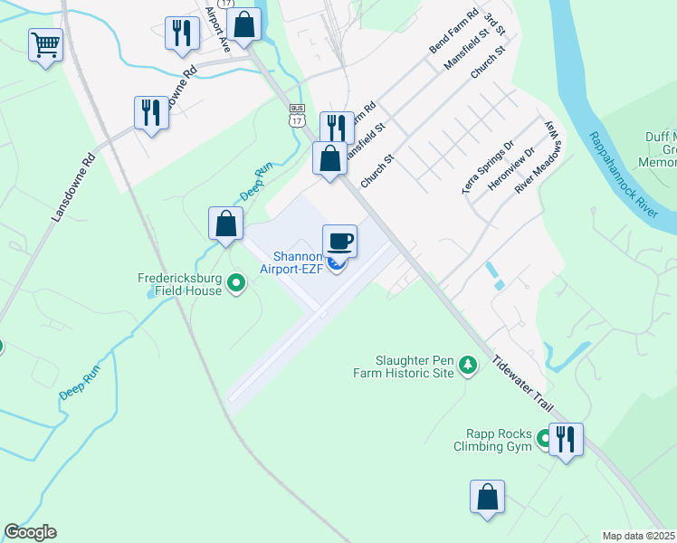 map of restaurants, bars, coffee shops, grocery stores, and more near 3380 Shannon Airport Circle in Fredericksburg