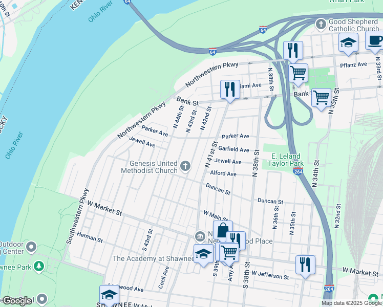 map of restaurants, bars, coffee shops, grocery stores, and more near 328 North 42nd Street in Louisville