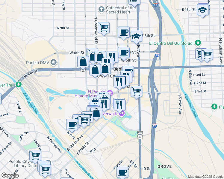 map of restaurants, bars, coffee shops, grocery stores, and more near 100 North Grand Avenue in Pueblo