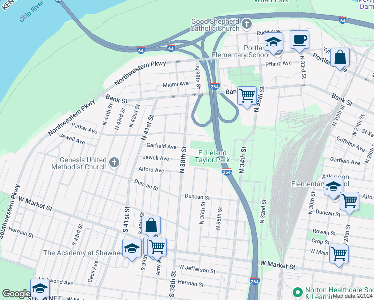 map of restaurants, bars, coffee shops, grocery stores, and more near 323 North 38th Street in Louisville