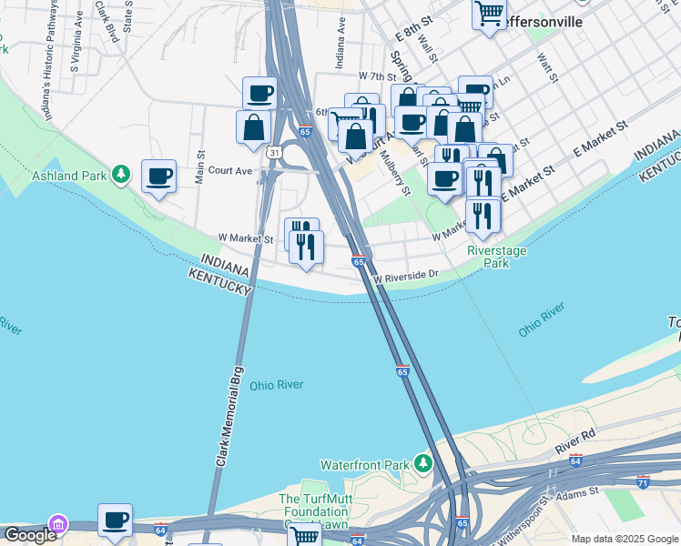 map of restaurants, bars, coffee shops, grocery stores, and more near 401 West Riverside Drive in Jeffersonville