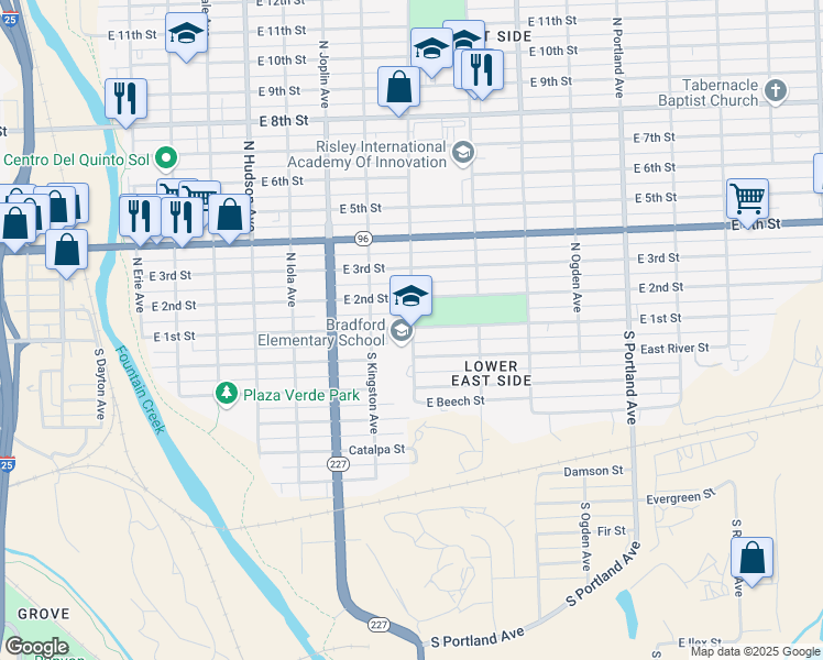 map of restaurants, bars, coffee shops, grocery stores, and more near 107 South La Crosse Avenue in Pueblo