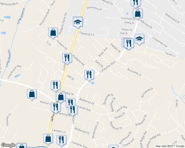 map of restaurants, bars, coffee shops, grocery stores, and more near 122 Hudgins Road in Fredericksburg