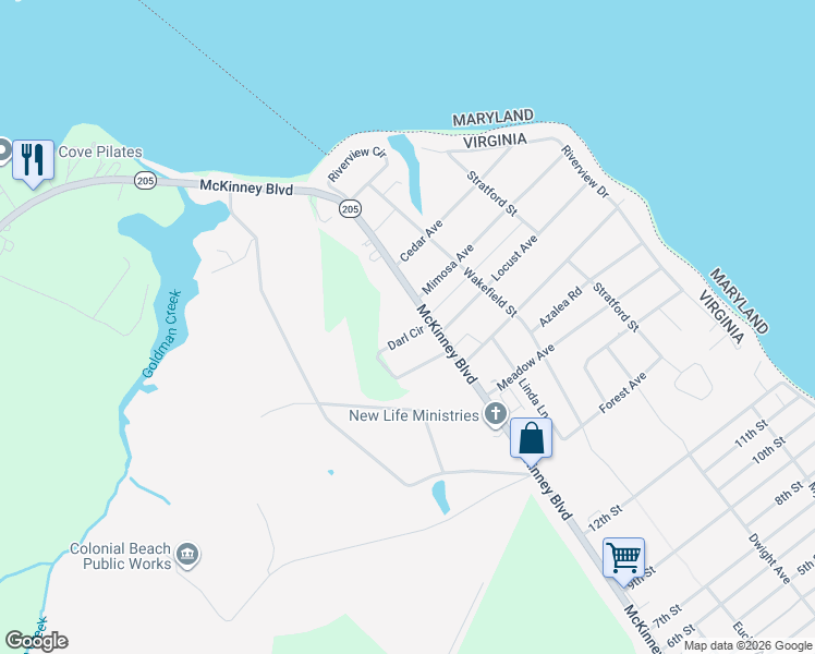 map of restaurants, bars, coffee shops, grocery stores, and more near 267 Darl Circle in Colonial Beach