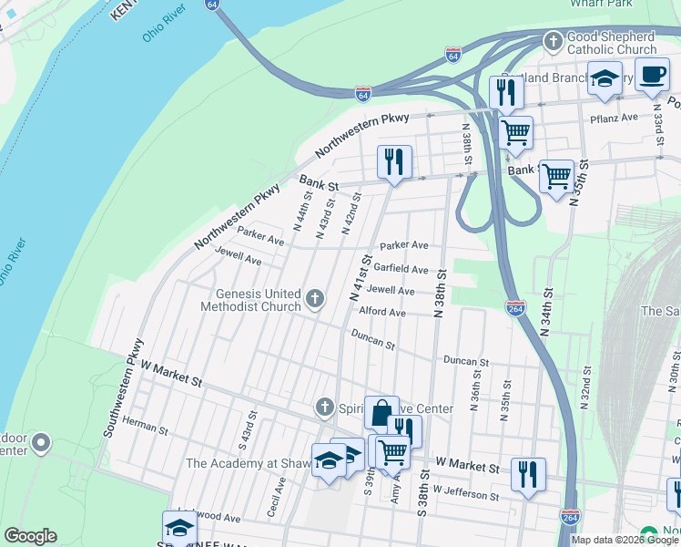 map of restaurants, bars, coffee shops, grocery stores, and more near 324 North 42nd Street in Louisville