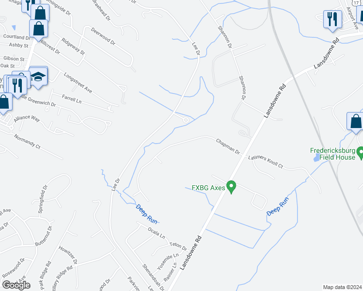 map of restaurants, bars, coffee shops, grocery stores, and more near 3810 Chapman Drive in Fredericksburg