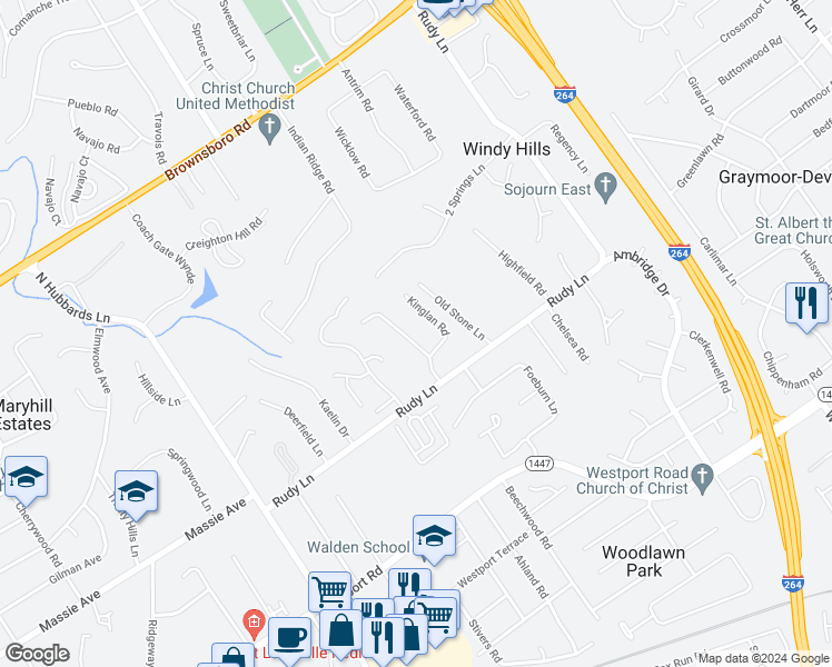 map of restaurants, bars, coffee shops, grocery stores, and more near 505 Brookview Road in Louisville