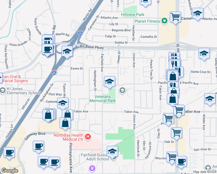 map of restaurants, bars, coffee shops, grocery stores, and more near 2200 Fairfield Avenue in Fairfield