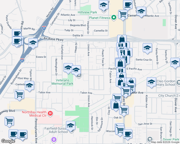 map of restaurants, bars, coffee shops, grocery stores, and more near 544 Pear Tree Lane in Fairfield