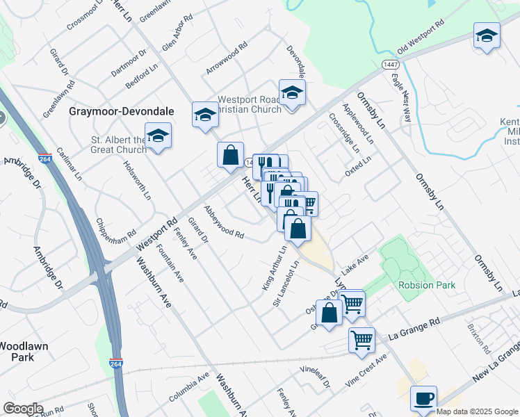 map of restaurants, bars, coffee shops, grocery stores, and more near 1209 Westlynne Way in Louisville