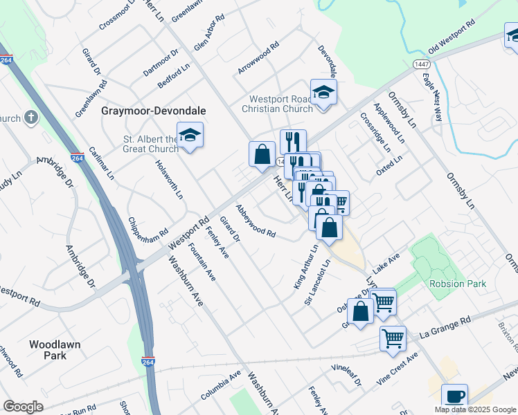 map of restaurants, bars, coffee shops, grocery stores, and more near 1207 Abbeywood Road in Louisville