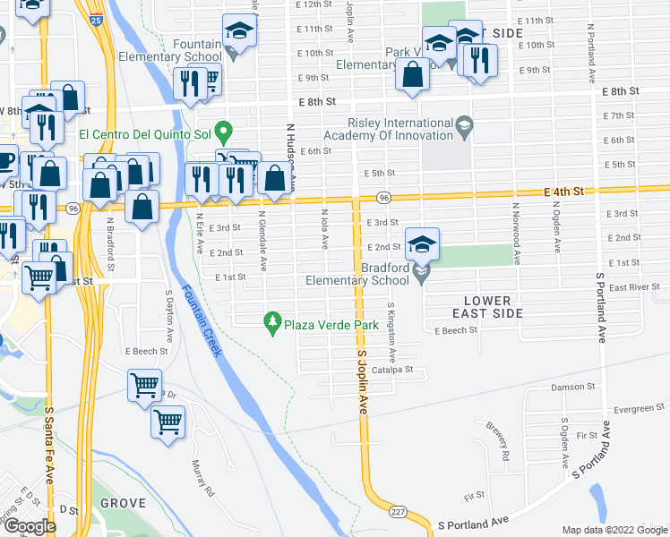 map of restaurants, bars, coffee shops, grocery stores, and more near 1005 East 1st Street in Pueblo