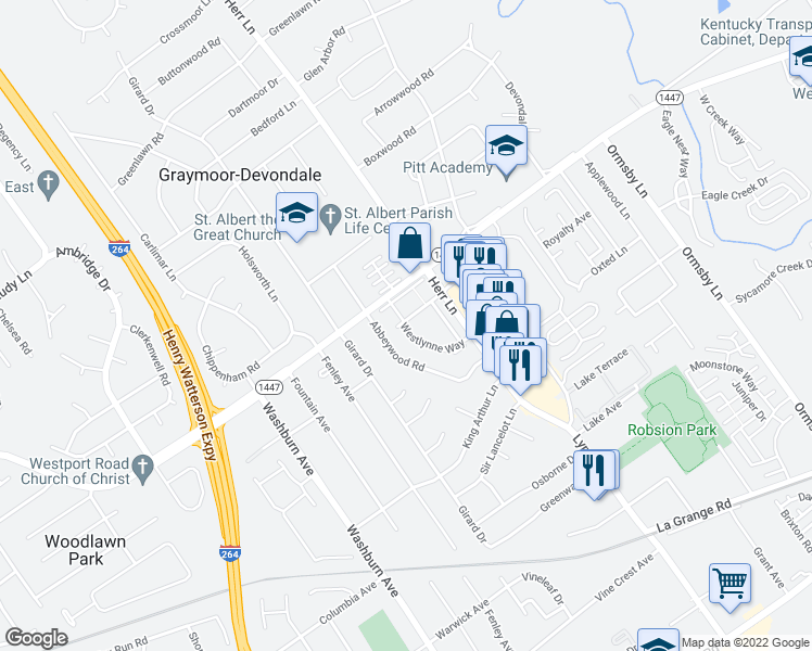 map of restaurants, bars, coffee shops, grocery stores, and more near 4820 Westmar Terrace in Louisville