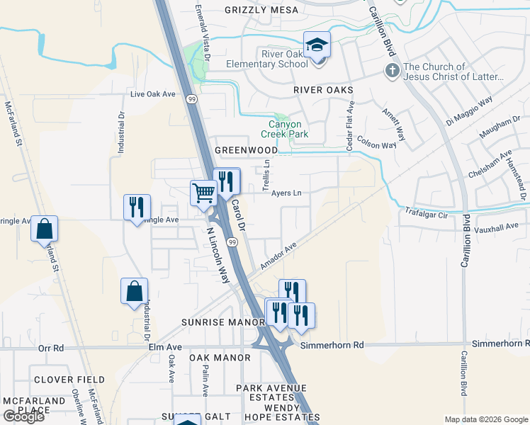 map of restaurants, bars, coffee shops, grocery stores, and more near 910 Ayers Lane in Galt