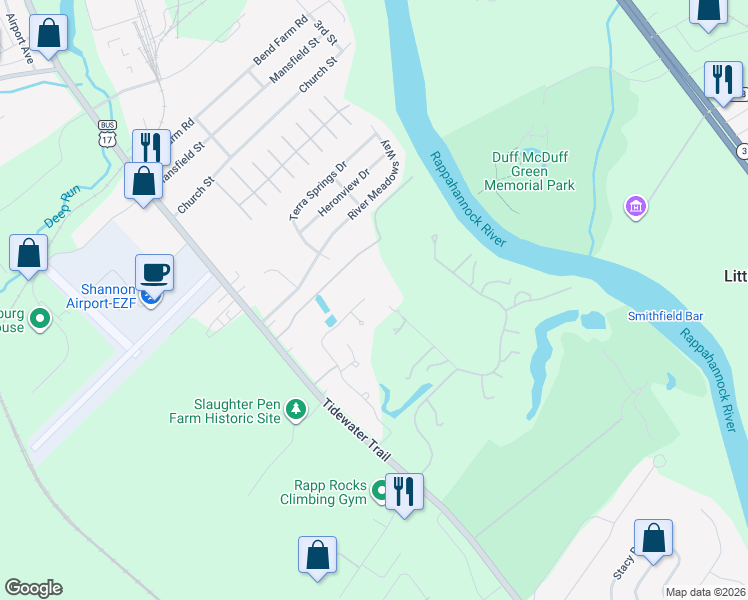 map of restaurants, bars, coffee shops, grocery stores, and more near 11407 Mansfield Club Drive in Fredericksburg