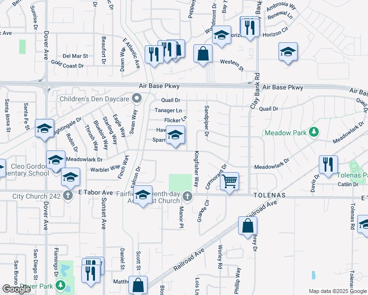 map of restaurants, bars, coffee shops, grocery stores, and more near 1090 Meadowlark Drive in Fairfield