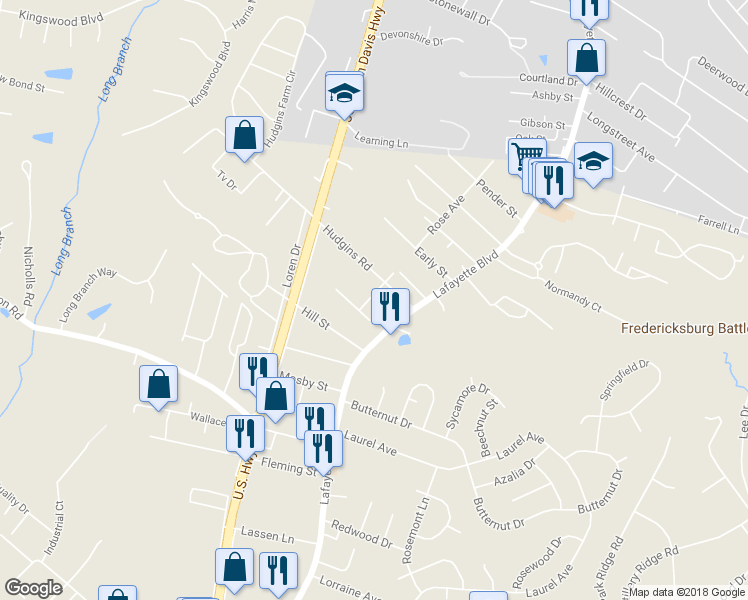 map of restaurants, bars, coffee shops, grocery stores, and more near 3301 Tignor Lane in Fredericksburg