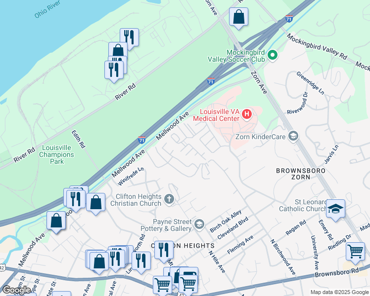 map of restaurants, bars, coffee shops, grocery stores, and more near 104 Highwood Drive in Louisville