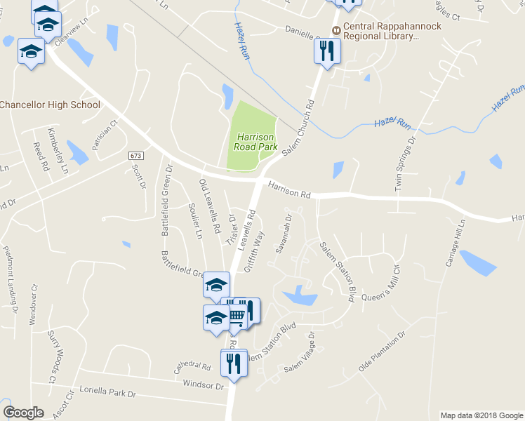 map of restaurants, bars, coffee shops, grocery stores, and more near 11237 Griffith Way in Fredericksburg