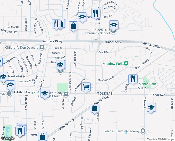 map of restaurants, bars, coffee shops, grocery stores, and more near 2156 Cormorant Drive in Fairfield