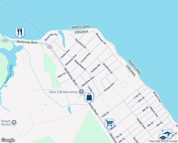 map of restaurants, bars, coffee shops, grocery stores, and more near 233 Azalea Road in Colonial Beach
