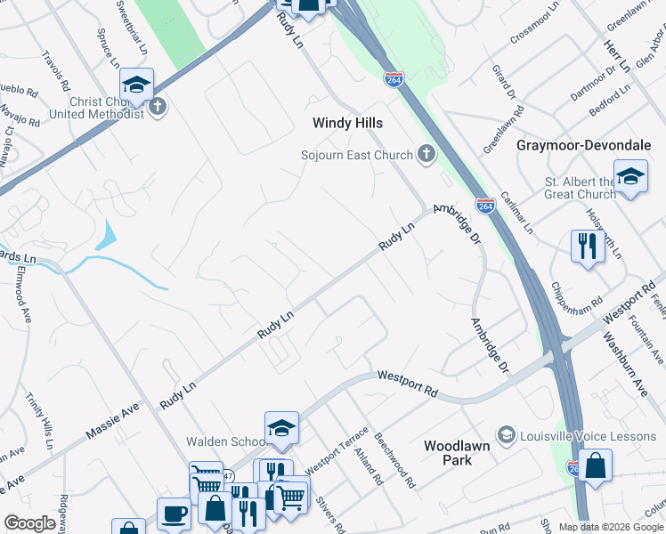 map of restaurants, bars, coffee shops, grocery stores, and more near 4401 Rudy Lane in Louisville