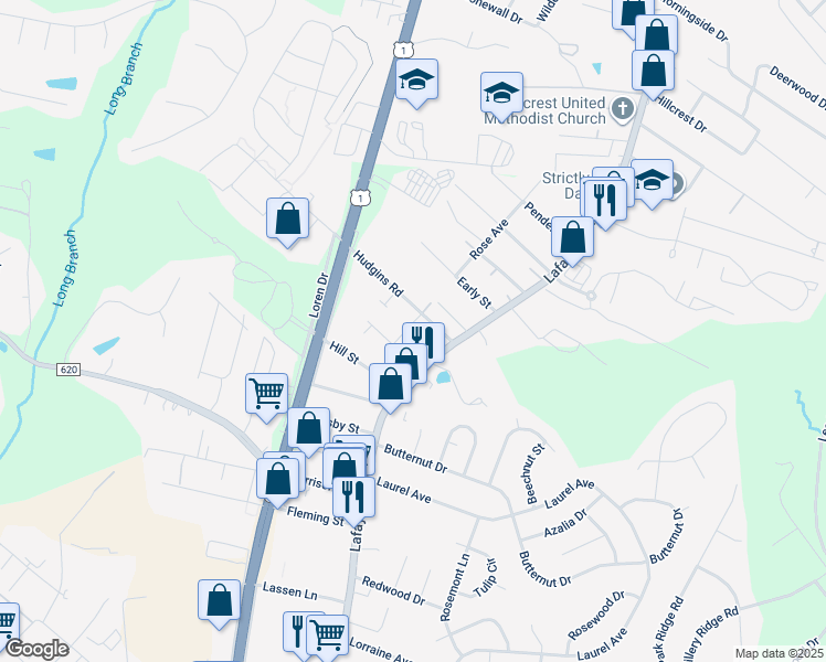 map of restaurants, bars, coffee shops, grocery stores, and more near 3301 Tignor Lane in Fredericksburg