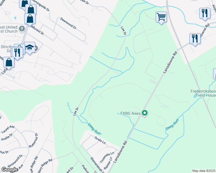 map of restaurants, bars, coffee shops, grocery stores, and more near 3815 Chapman Drive in Fredericksburg