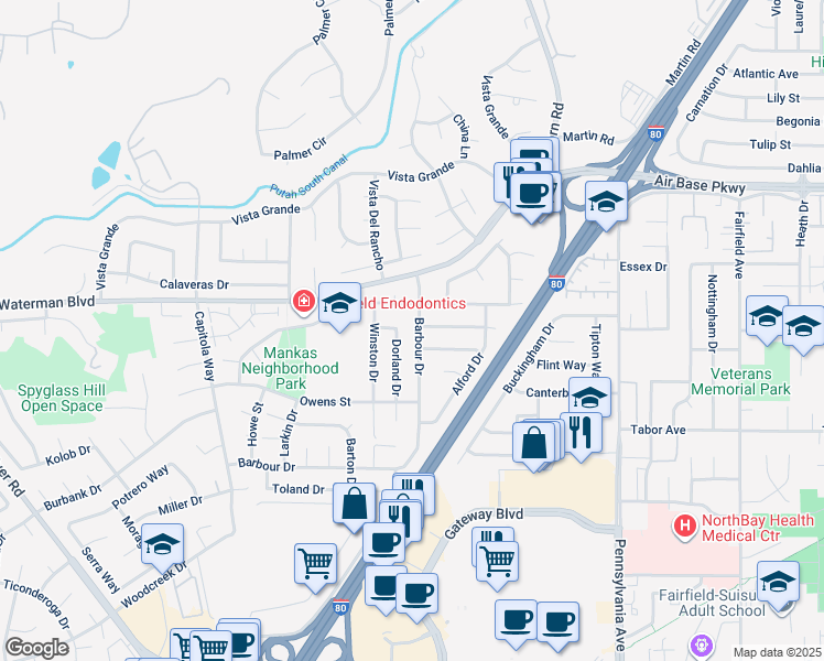 map of restaurants, bars, coffee shops, grocery stores, and more near 2033 Barbour Drive in Fairfield
