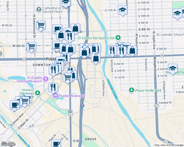 map of restaurants, bars, coffee shops, grocery stores, and more near 401-433 E 1st St in Pueblo