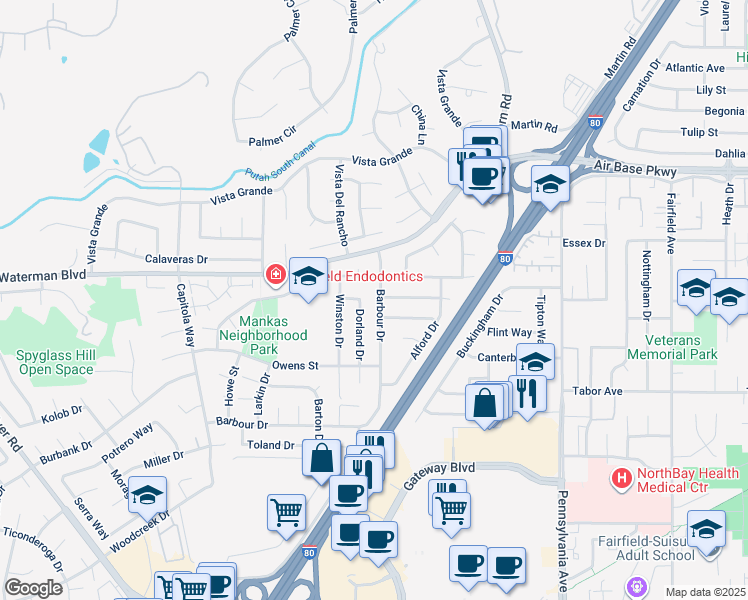 map of restaurants, bars, coffee shops, grocery stores, and more near 2033 Barbour Drive in Fairfield