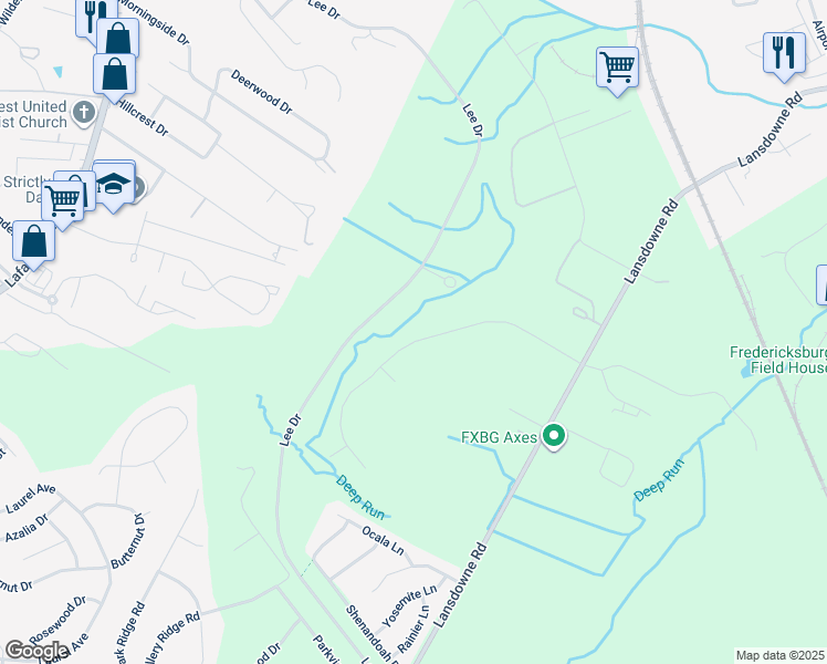 map of restaurants, bars, coffee shops, grocery stores, and more near 3815 Chapman Drive in Fredericksburg