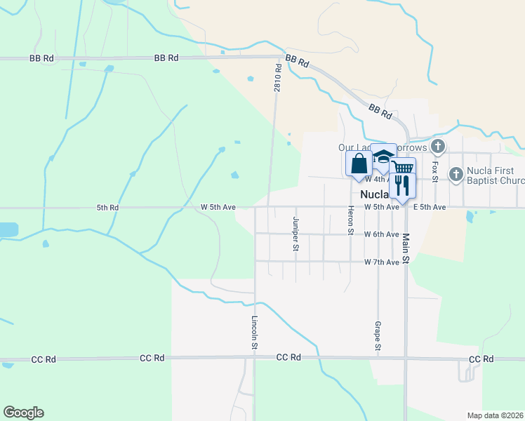 map of restaurants, bars, coffee shops, grocery stores, and more near 541 Lincoln Street in Nucla