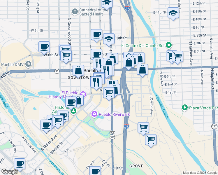map of restaurants, bars, coffee shops, grocery stores, and more near 101-103 N Santa Fe Ave in Pueblo