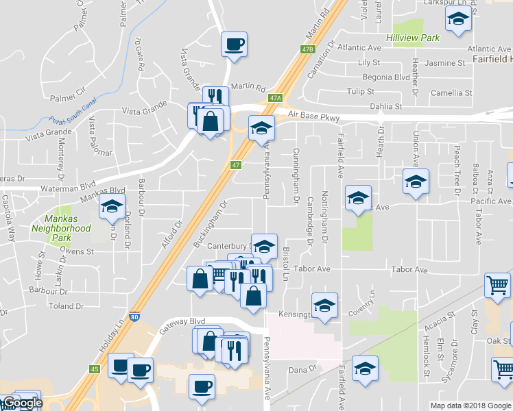 map of restaurants, bars, coffee shops, grocery stores, and more near 2142 Tipton Way in Fairfield