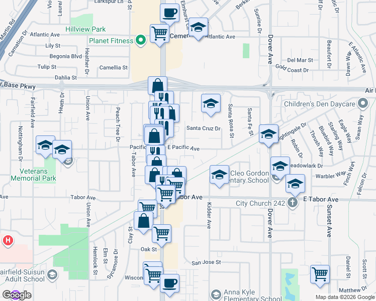map of restaurants, bars, coffee shops, grocery stores, and more near 2136 Santa Ana Drive in Fairfield