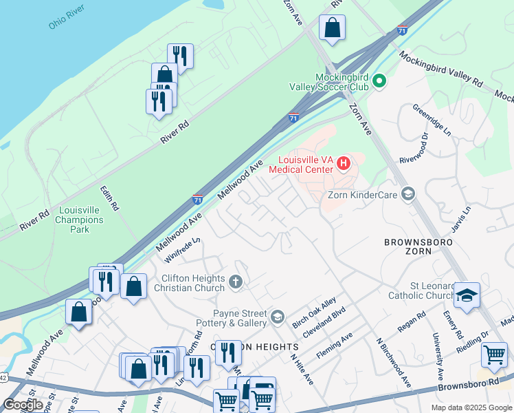 map of restaurants, bars, coffee shops, grocery stores, and more near 305 Highwood Drive in Louisville