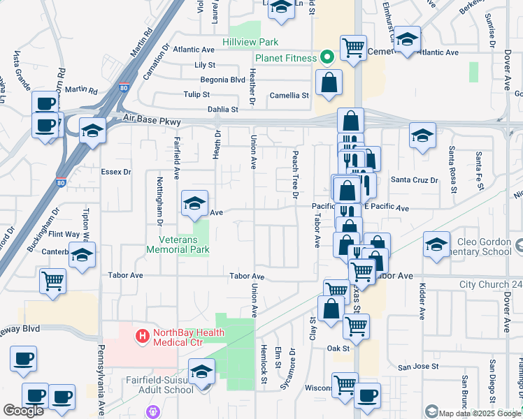 map of restaurants, bars, coffee shops, grocery stores, and more near 544 Pear Tree Lane in Fairfield