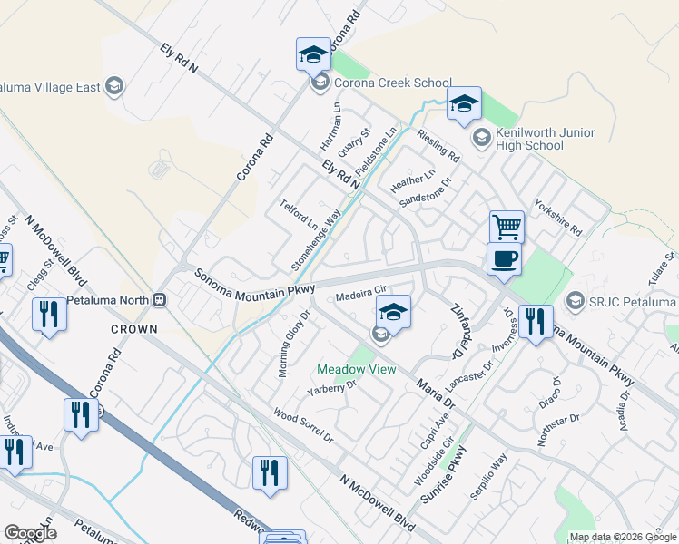 map of restaurants, bars, coffee shops, grocery stores, and more near 1669 Madeira Circle in Petaluma