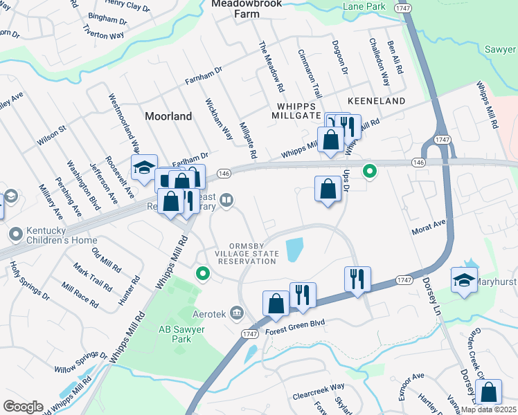 map of restaurants, bars, coffee shops, grocery stores, and more near 1534 Ormsby Station Court in Louisville